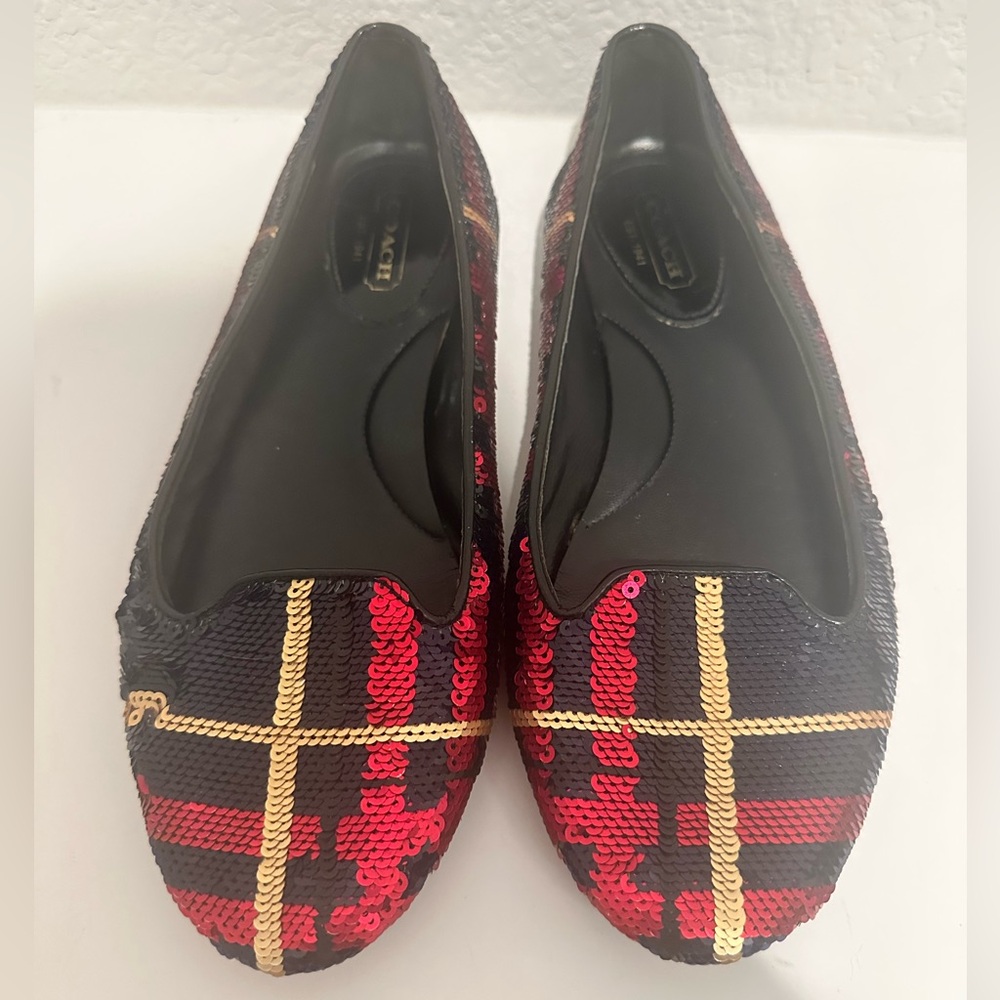 COACH Debrorah Tartan Plaid Sequin Ballet Flats Size 6.5 Red Navy Gold - Picture 2 of 11